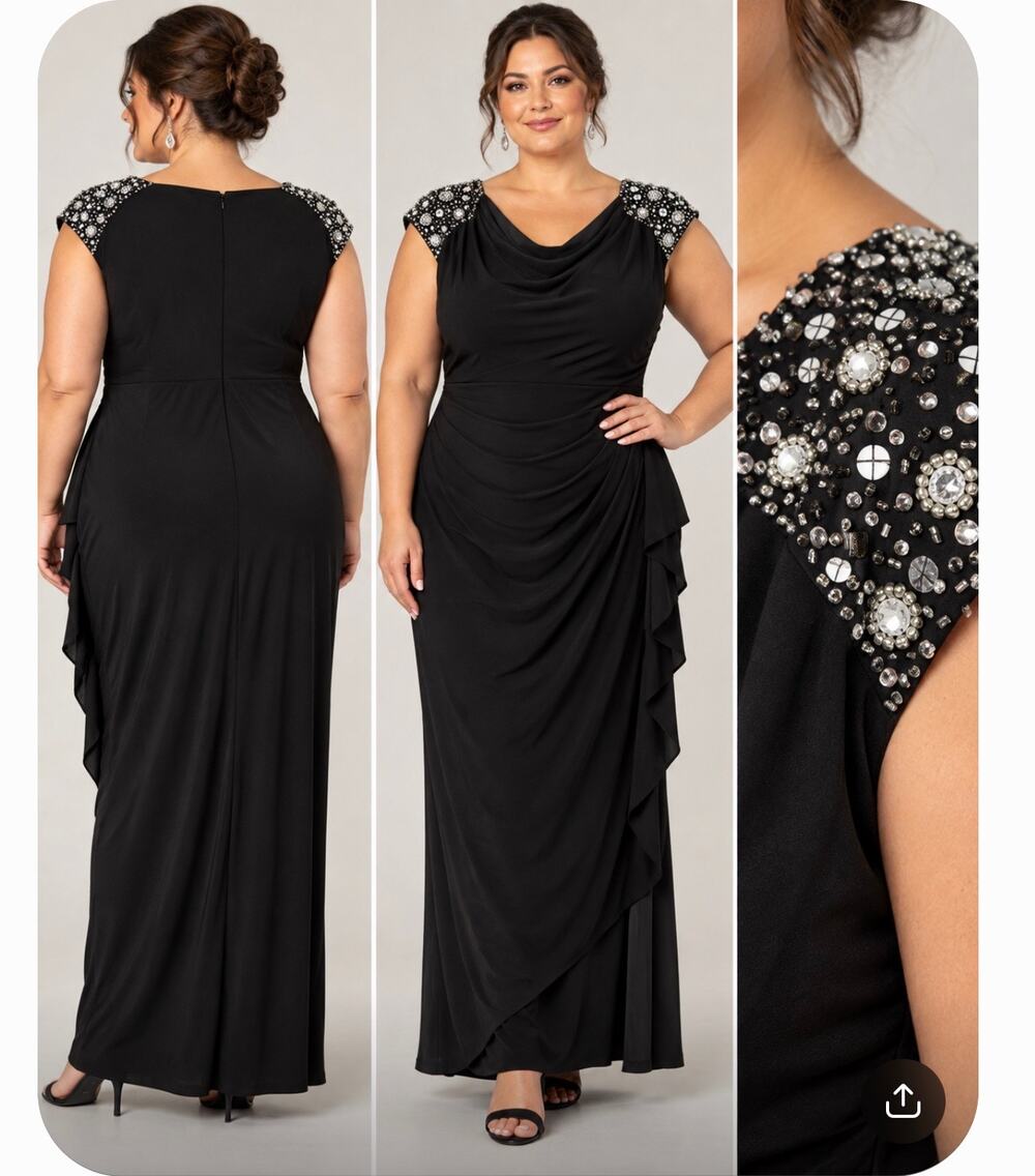 Alex Evenings 18W Black Beaded Shoulder Cowl Neck Long Formal Gown Dress